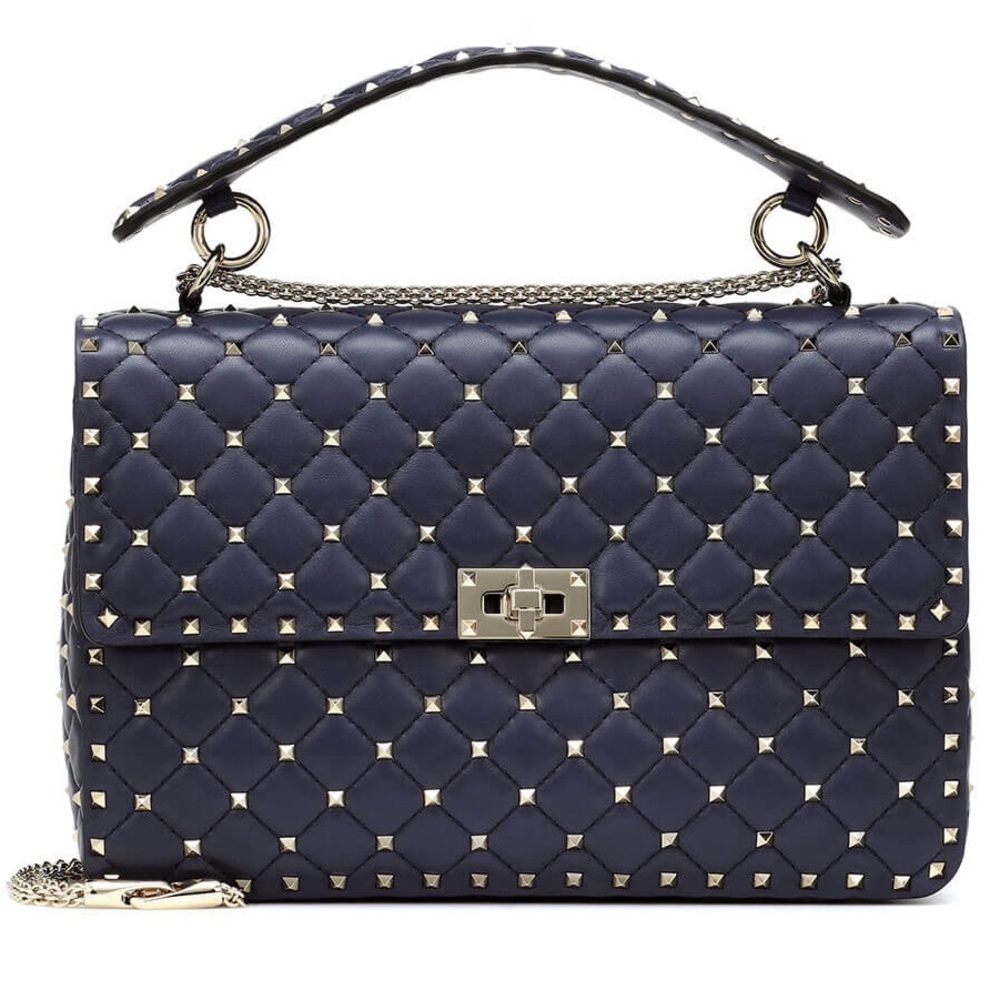 Valentino Garavani Medium Nappa Rockstud Spike Shoulder Bag navy gold